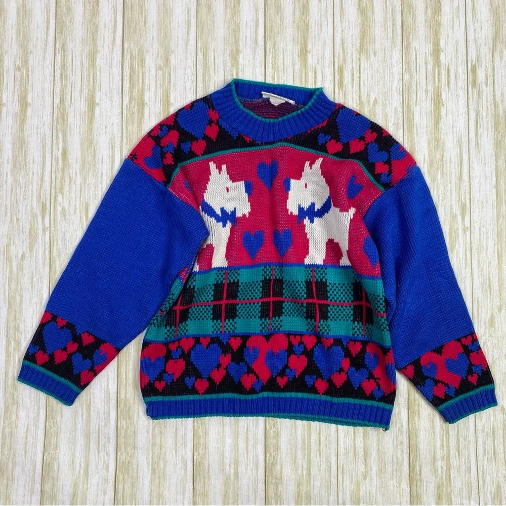 Vintage Melody Creations Multi Color Knit Scottie Dog Pullover Sweater
